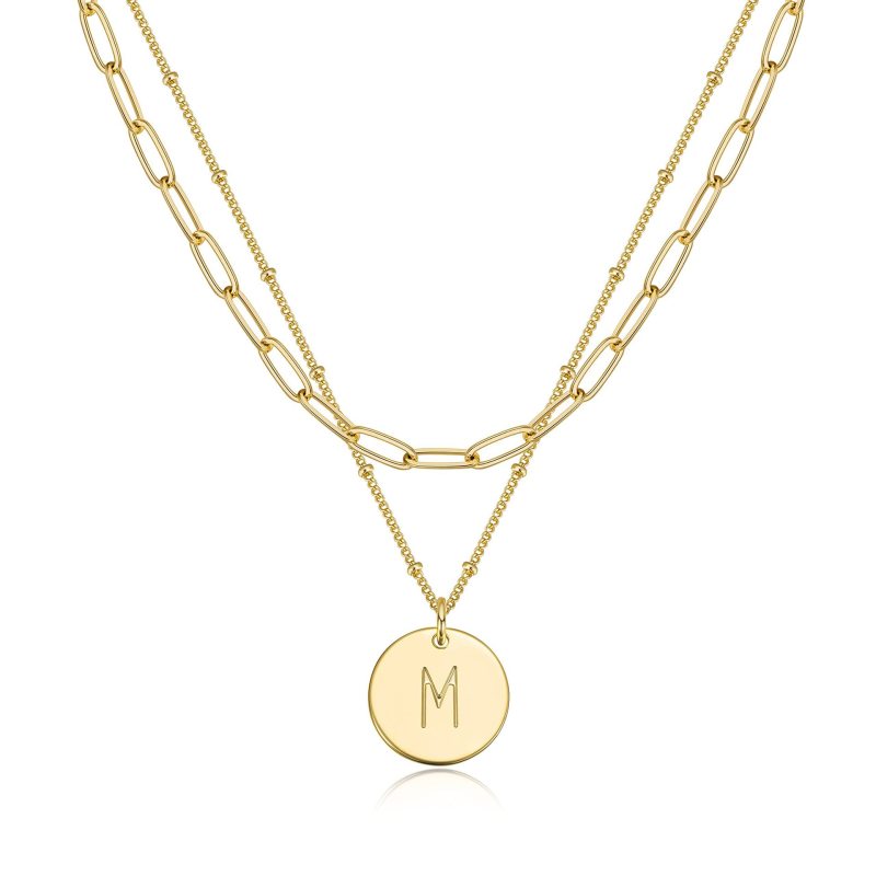 Initial Necklace for Women Round 12MM Coin Disc Double Side Engraved Letter A-Z Hammered Pendant Necklace Alphabet Birthday