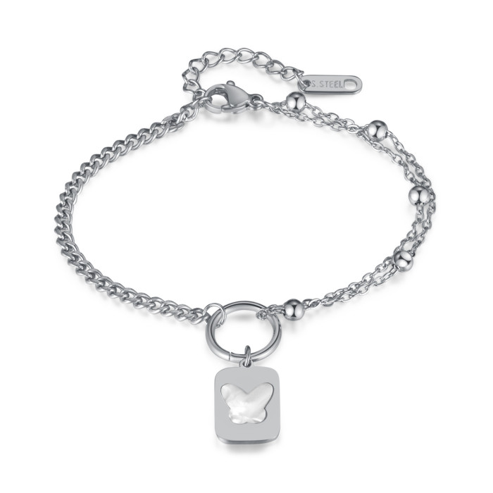 Korean Fashion Stainless Steel Square Plate Pendant Simple All-Match Double-Layer Titanium Steel Twin Bracelet for Wo...