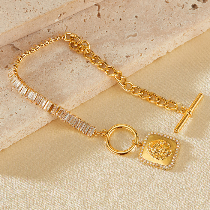 Europe and America Simple Retro Patchwork Zircon Bracelet Wholesale Square Plate OT Buckle Design Copper Bracelet for Women