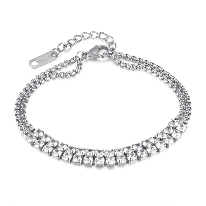 Stainless Steel Double Chain Double Row Diamond-Embedded Simple Bracelet for Women