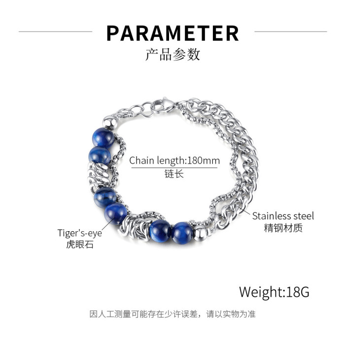 Stainless Steel Double Layer Chain Stitching Tigereye Men and Women All-Matching Bracelet
