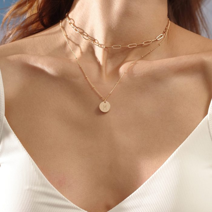 Initial Necklace for Women Round 12MM Coin Disc Double Side Engraved Letter A-Z Hammered Pendant Necklace Alphabet Bi...