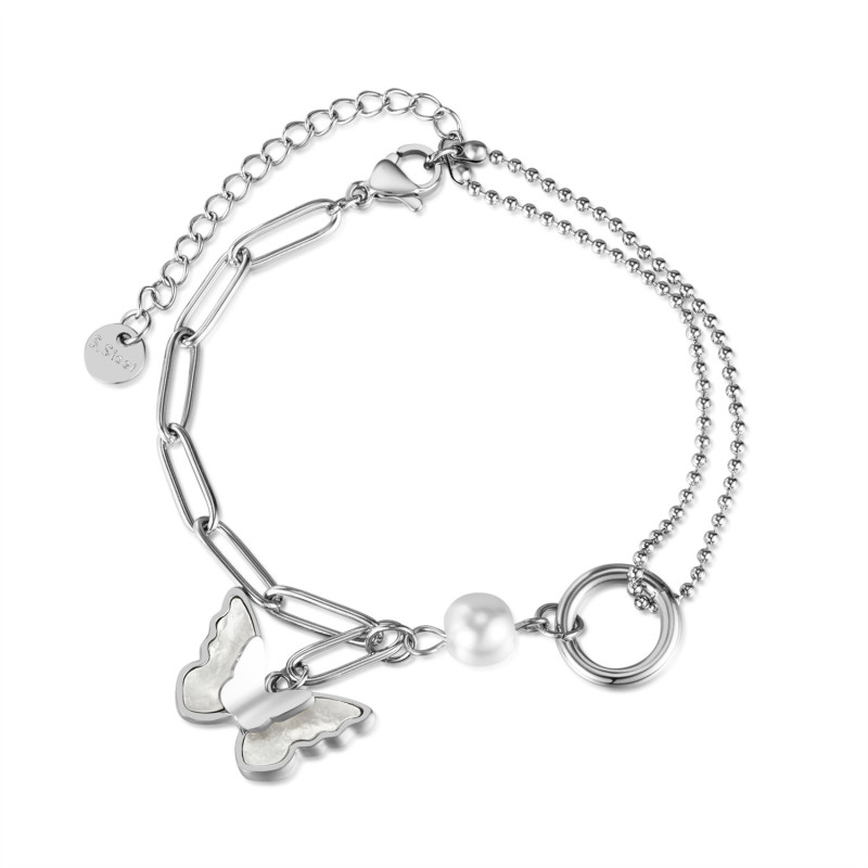 America Cross Border Affordable Luxury Fashion Stainless Steel Mother Shell Butterfly Pearl Stitching Ring Bracelet for Women