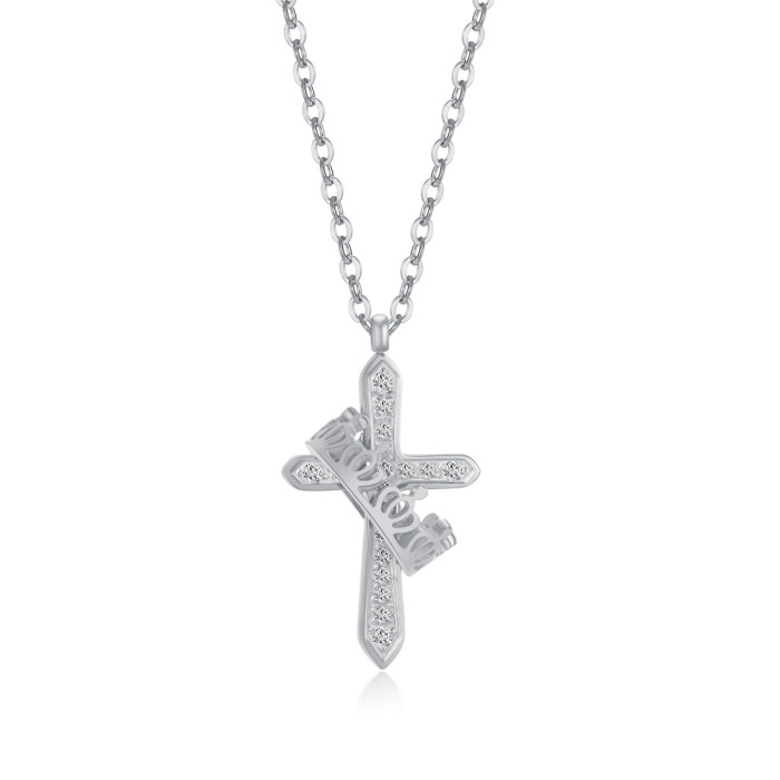 Inlaid Zircon Cross All-Match Stainless Steel Crown Necklace for Women