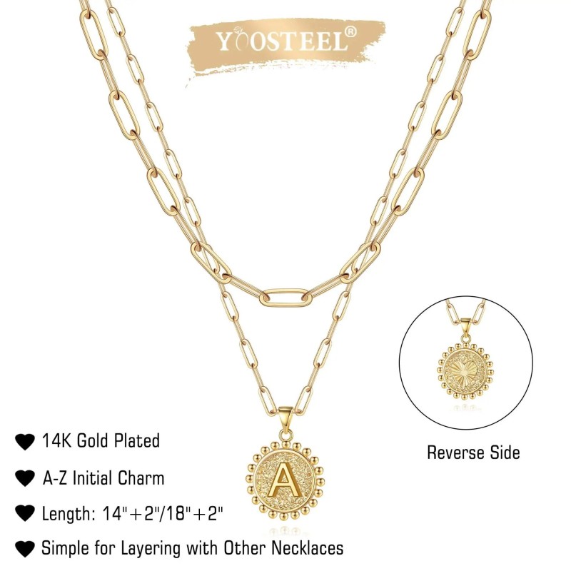 Gold Initial Necklaces for Women, 14K Gold Plated Dainty Layering Paperclip Link Chain Necklace Layered Gold Necklaces for Women