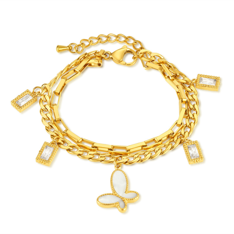 Cross-Border E-Commerce Personalized Fashion Stainless Steel Shell Butterfly Pendant Gold-Plated Double-Layer Bracelet