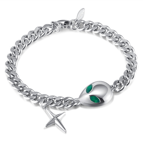 Stainless Steel Cuban Link Chain Alien Cross Bracelet