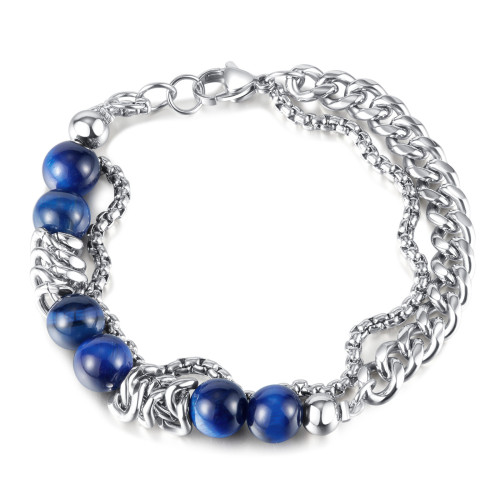 Stainless Steel Double Layer Chain Stitching Tigereye Men and Women All-Matching Bracelet