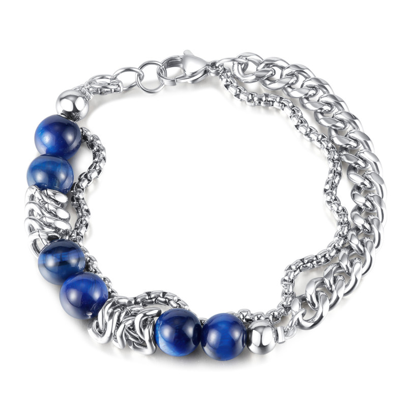 Stainless Steel Double Layer Chain Stitching Tigereye Men and Women All-Matching Bracelet