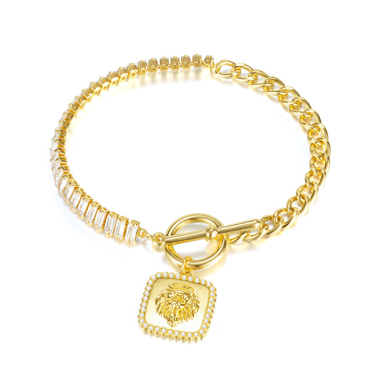 Europe and America Simple Retro Patchwork Zircon Bracelet Wholesale Square Plate OT Buckle Design Copper Bracelet for Women