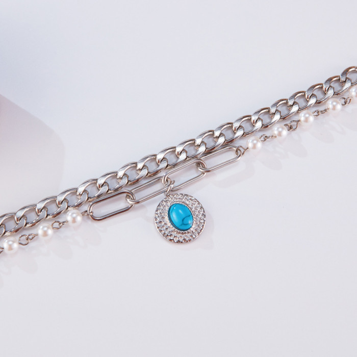 American Style Fashion Titanium Steel Irregular Round Brand Double-Layer Stainless Steel Twin Pearl Bracelet for Women