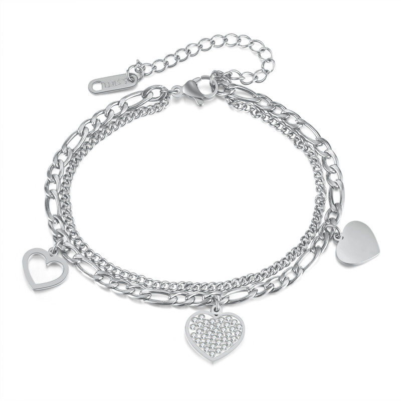 Hot Fashion Ol Temperament Commute Style Stainless Steel Double Layer Twin Hollow out Heart Bracelet