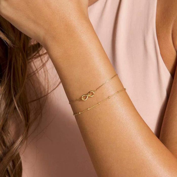 Stainless Steel Clip Bead Chain Colorfast Double-Layer Bracelet Digital Geometry Infinity 18K Gold Plated  Bracelet