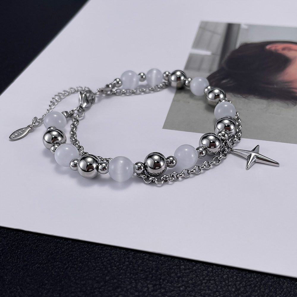 Fashion Design Stainless Steel Double Layer Twin Cross Pendant Opal Bracelet