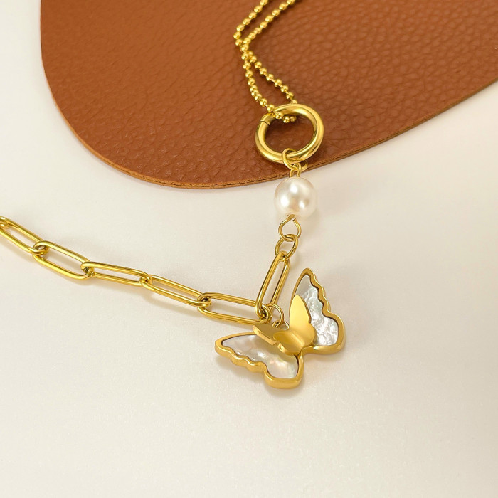 America Cross Border Affordable Luxury Fashion Stainless Steel Mother Shell Butterfly Pearl Stitching Ring Bracelet for Women