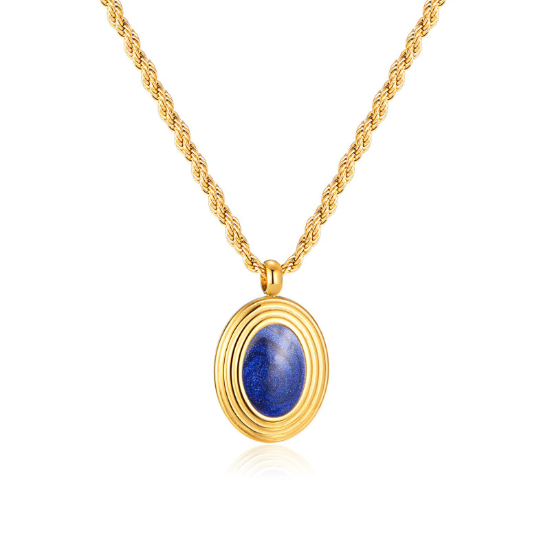 Blue Oval Titanium Steel Pendant Personalized All-Match Stainless Steel Necklace