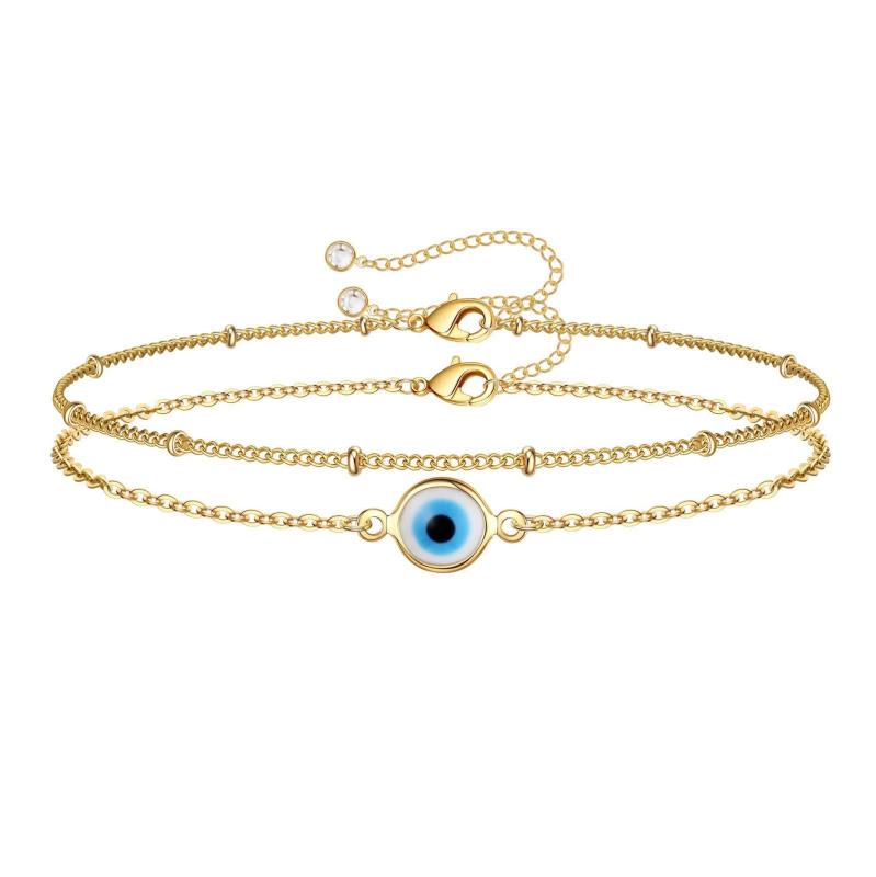 Tarsus Gold Plated Evil Eye Bracelet  Layered Amulet Nazar for Women Double-Layer Glass Devil's Eye Bracelet