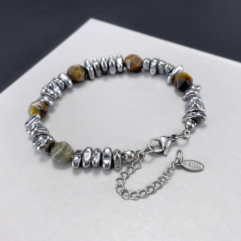 Stainless Steel Bracelet Internet Celebrity All-Match Natural Yellow Tigereye Men's and Women's Bracelet