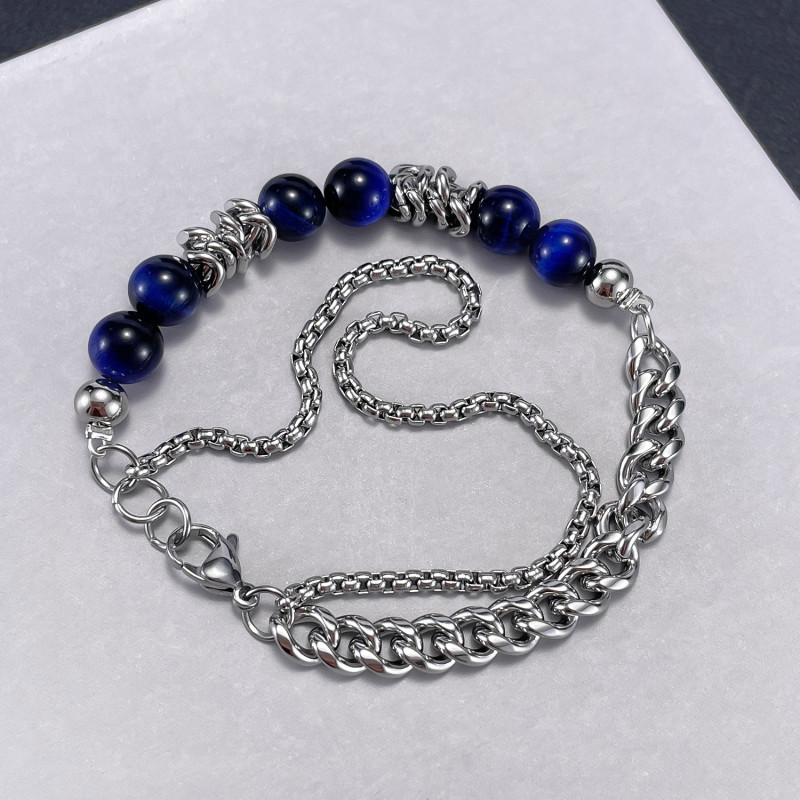 Stainless Steel Double Layer Chain Stitching Tigereye Men and Women All-Matching Bracelet
