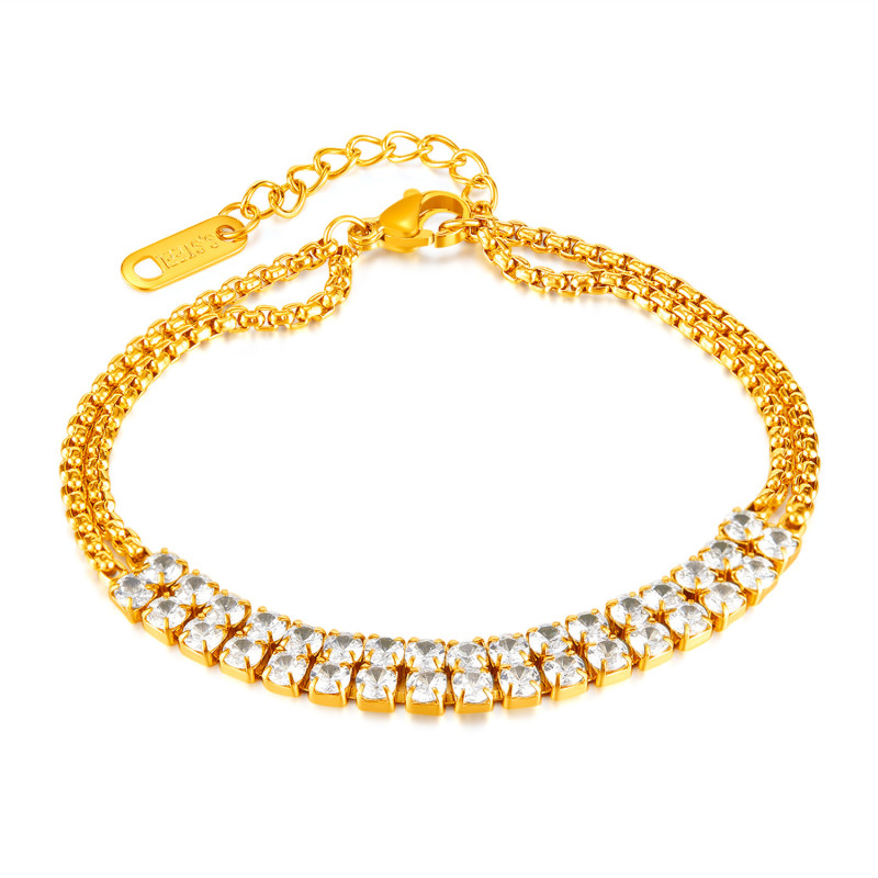 Stainless Steel Double Chain Double Row Diamond-Embedded Simple Bracelet for Women