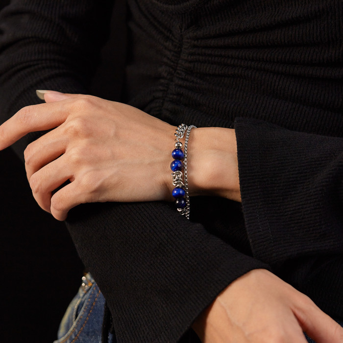 Stainless Steel Double Layer Chain Stitching Tigereye Men and Women All-Matching Bracelet