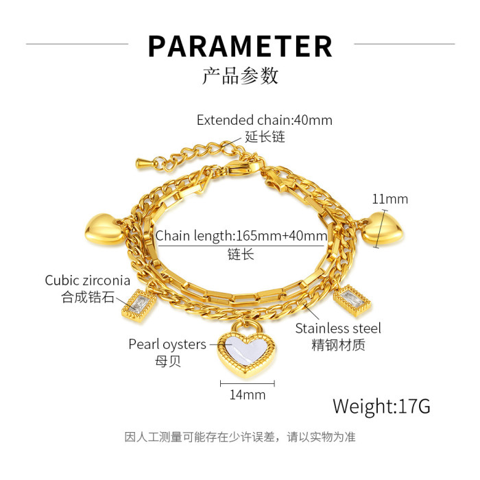 Interest Design Fashion Commuter Stainless Steel Double-Sided Love Mother Shell Pendant Double-Layer Twin Bracelet, N...