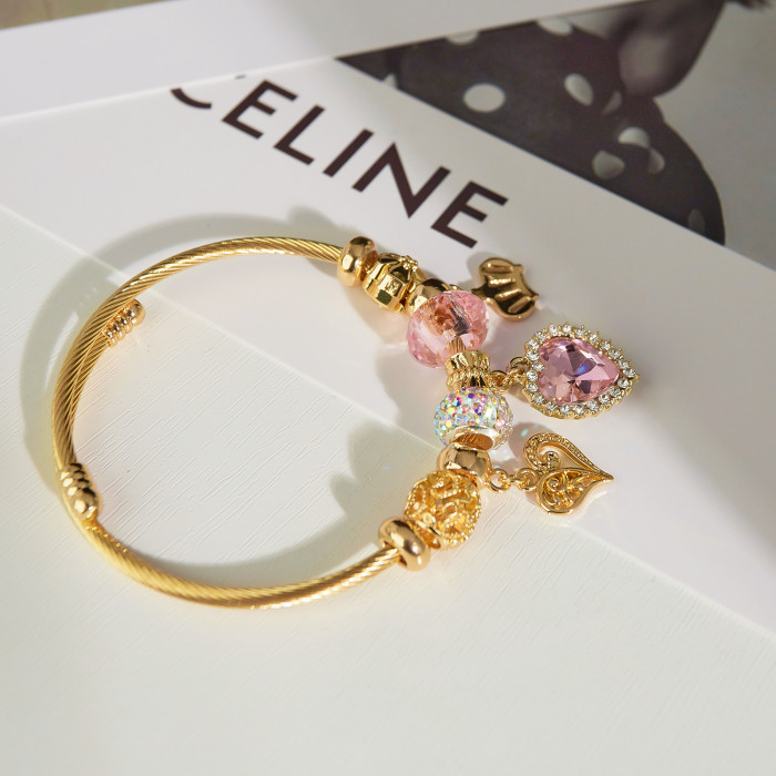 Europe and America Cross Border Crown Loving Heart Zircon Small Pendant Bracelet Personality Ins Style Stainless Steel Bracelet