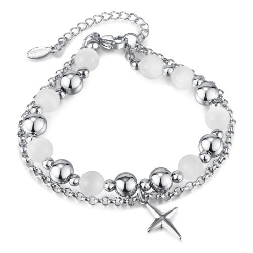 Fashion Design Stainless Steel Double Layer Twin Cross Pendant Opal Bracelet