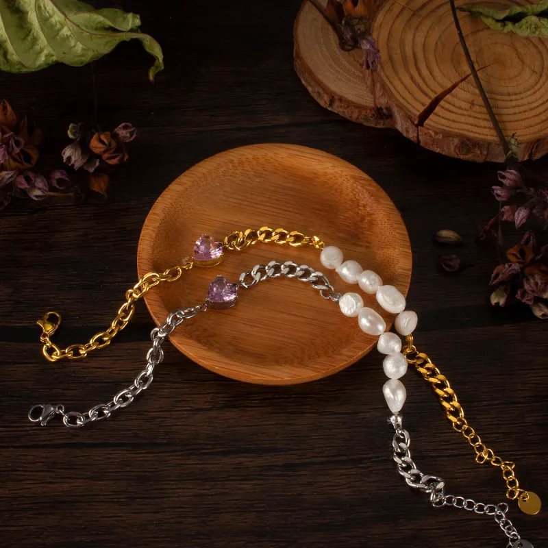 Japanese and Korean Niche Design Sweet Cool Pink Loving Heart Zircon Natural Freshwater Pearl Stainless Steel Bracelet