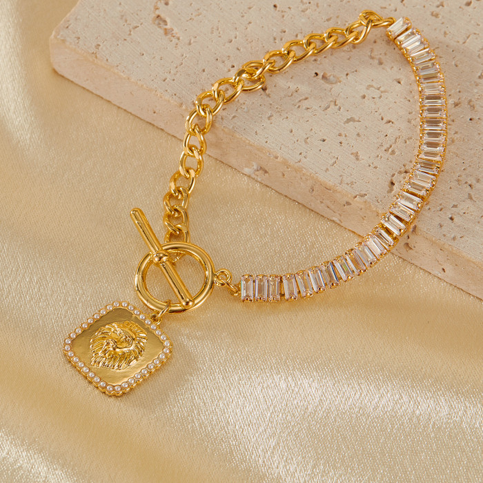 Europe and America Simple Retro Patchwork Zircon Bracelet Wholesale Square Plate OT Buckle Design Copper Bracelet for Women