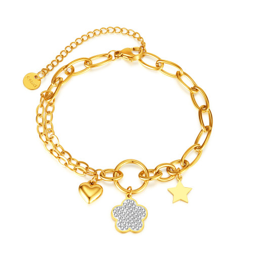 American Personalized Ins Style Stitching Chain Stainless Steel Love Five-Pointed Star Inlaid Zircon Flower Bracelet for Women