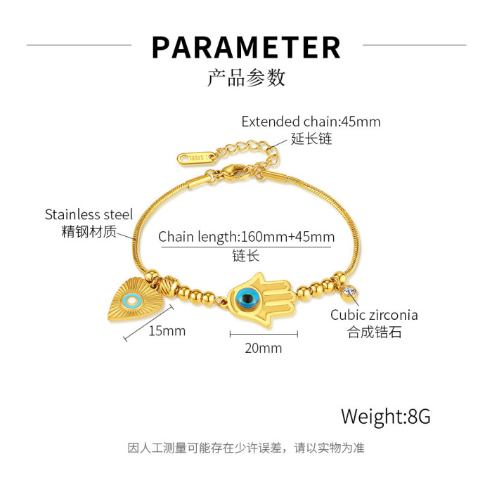 Cross-Border Fashion Temperament Entry Lux Stainless Steel Gold-Plated Palm Blue Devil's Eye Bracelet