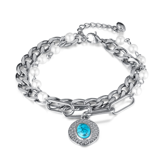 American Style Fashion Titanium Steel Irregular Round Brand Double-Layer Stainless Steel Twin Pearl Bracelet for Women