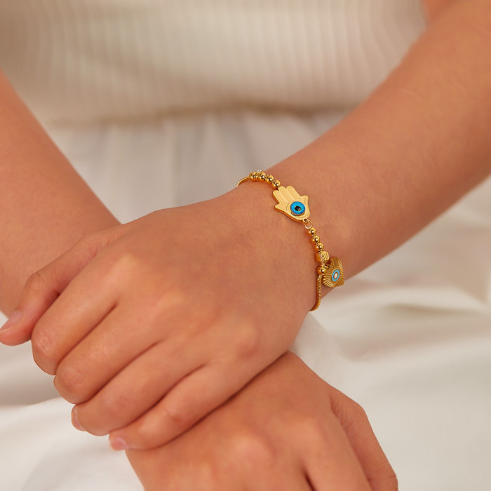 Cross-Border Fashion Temperament Entry Lux Stainless Steel Gold-Plated Palm Blue Devil's Eye Bracelet