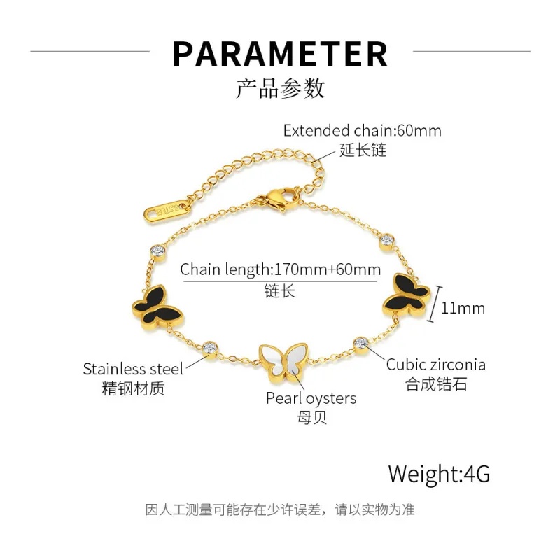 INS Niche Design Fashion Black and White Mother Shell Butterfly Diamond-Embedded Elegant Stainless Steel Bracelet for Women