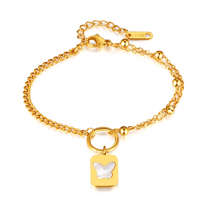 Korean Fashion Stainless Steel Square Plate Pendant Simple All-Match Double-Layer Titanium Steel Twin Bracelet for Wo...
