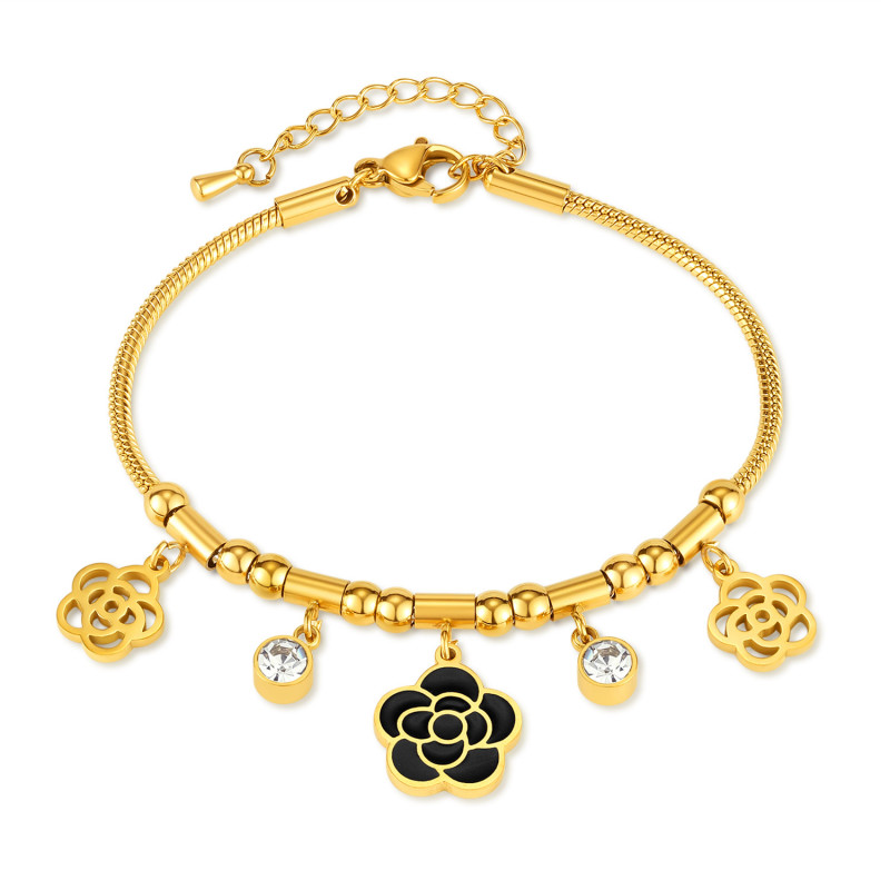 Special-Interest Design Fashion Simple Stainless Steel Hollow Drop Oil Camellia Pendant Diamond Bracelet
