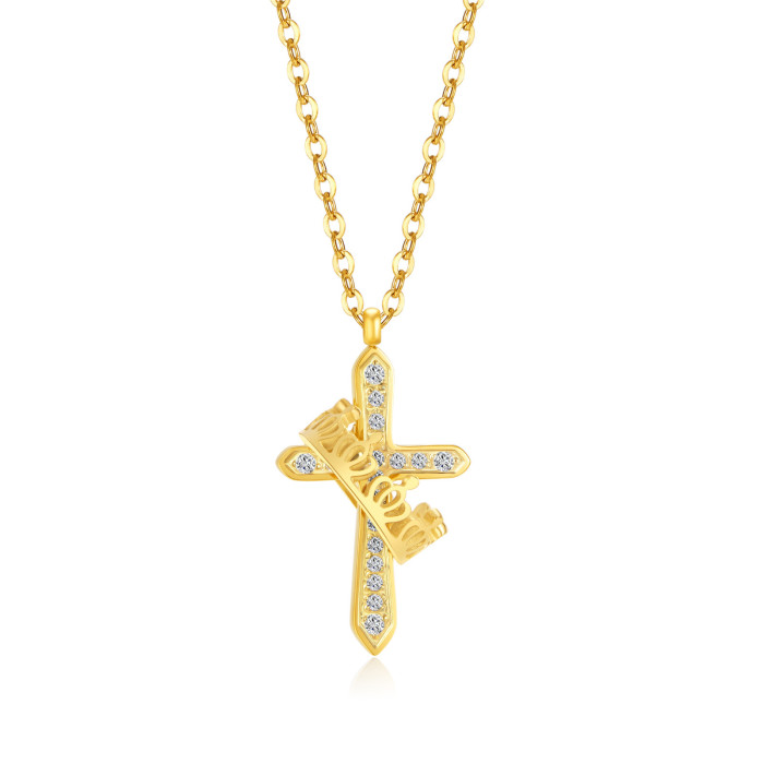 Inlaid Zircon Cross All-Match Stainless Steel Crown Necklace for Women