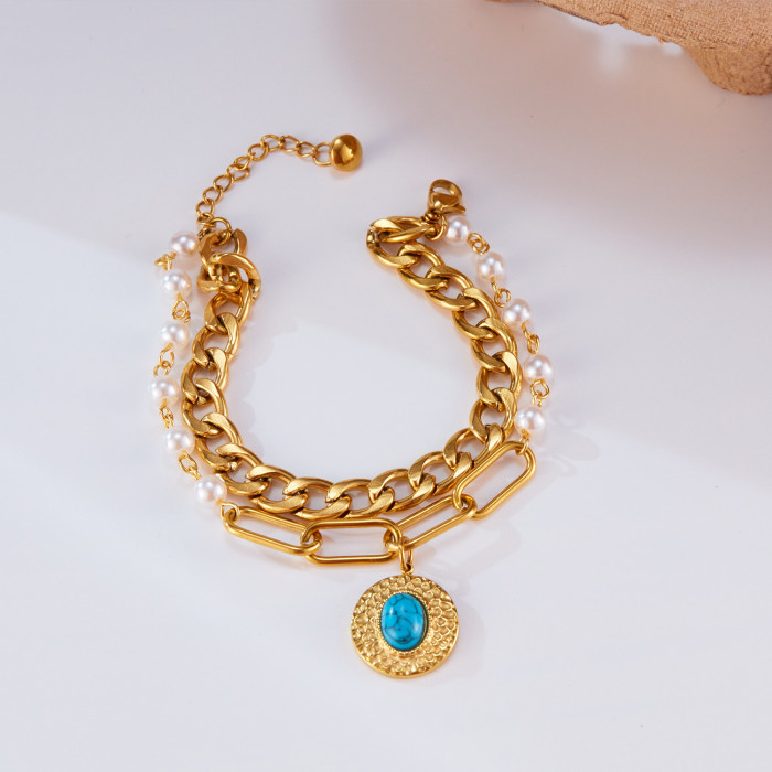 American Style Fashion Titanium Steel Irregular Round Brand Double-Layer Stainless Steel Twin Pearl Bracelet for Women