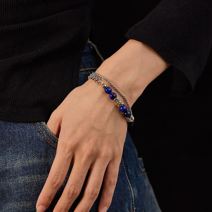 Stainless Steel Double Layer Chain Stitching Tigereye Men and Women All-Matching Bracelet