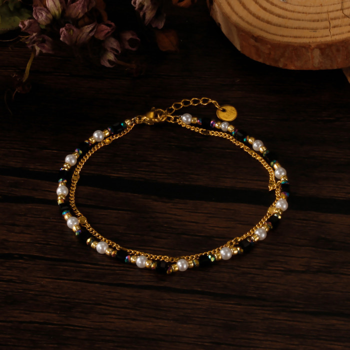 Special-Interest Design Affordable Luxury Fashion Stitching Natural Stone Glue Beads Stainless Steel Double Layer Twi...