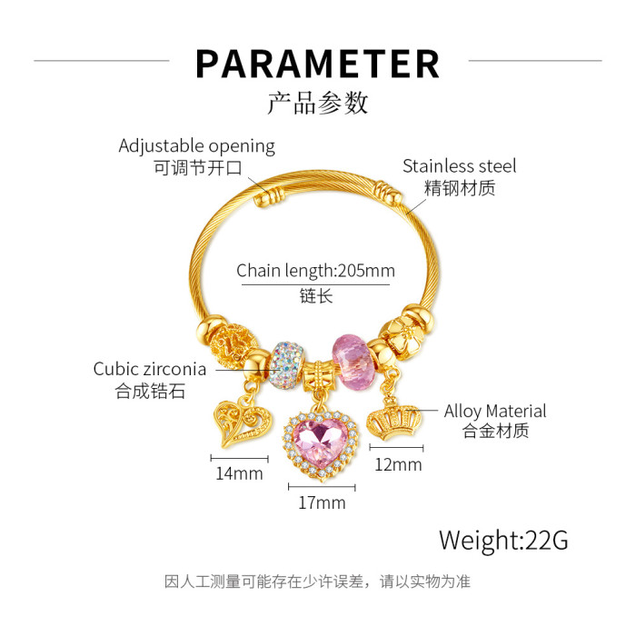 Europe and America Cross Border Crown Loving Heart Zircon Small Pendant Bracelet Personality Ins Style Stainless Steel Bracelet