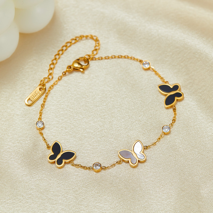 INS Niche Design Fashion Black and White Mother Shell Butterfly Diamond-Embedded Elegant Stainless Steel Bracelet for Women