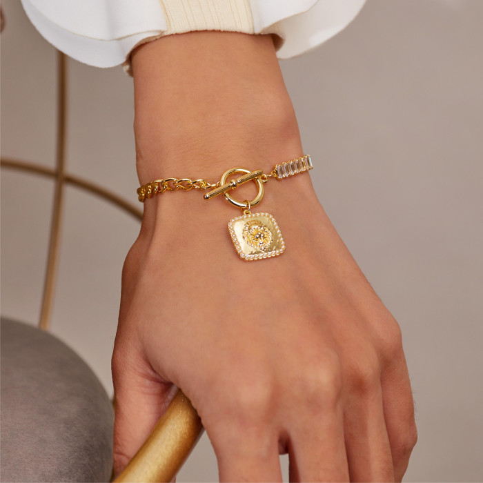 Europe and America Simple Retro Patchwork Zircon Bracelet Wholesale Square Plate OT Buckle Design Copper Bracelet for Women