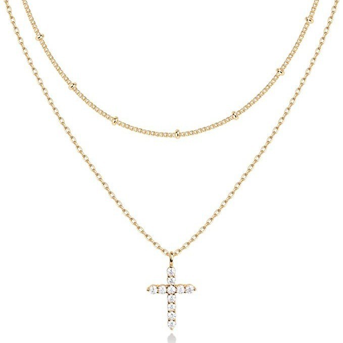 Non-Fading Stainless Steel Chain 18K Gold Plated Choker Women's Double-Layer Micro Inlaid Zircon Cross Necklace