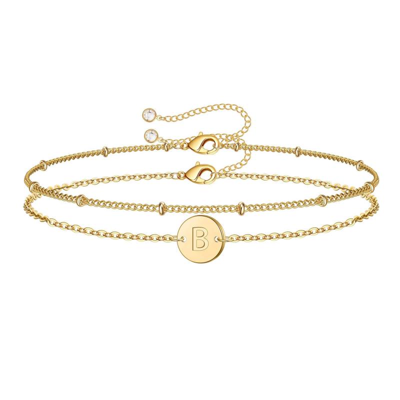 Gold Initial Bracelets for Women, Dainty Layered Beaded Letter Initial Bracelet 26 Alphabet Disc Charm Bracelet Jewelry Gifts