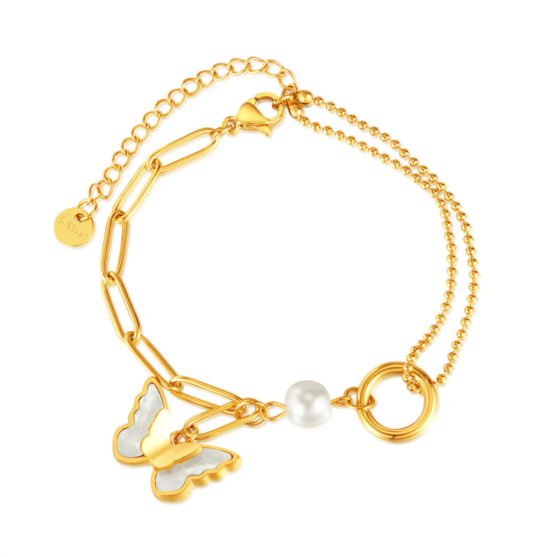 America Cross Border Affordable Luxury Fashion Stainless Steel Mother Shell Butterfly Pearl Stitching Ring Bracelet for Women