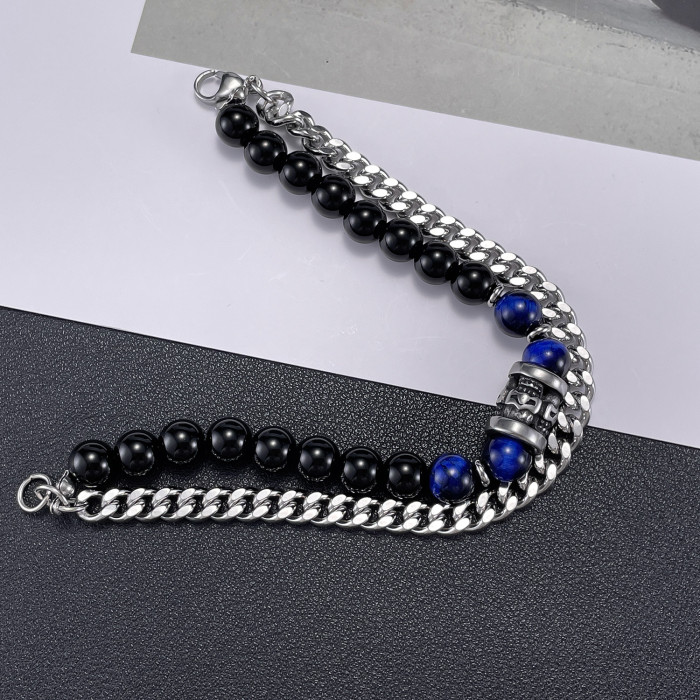 Stainless Steel Cuban Link Chain Double Layer Twin Black Agate Splicing Tiger-Eye Bracelet