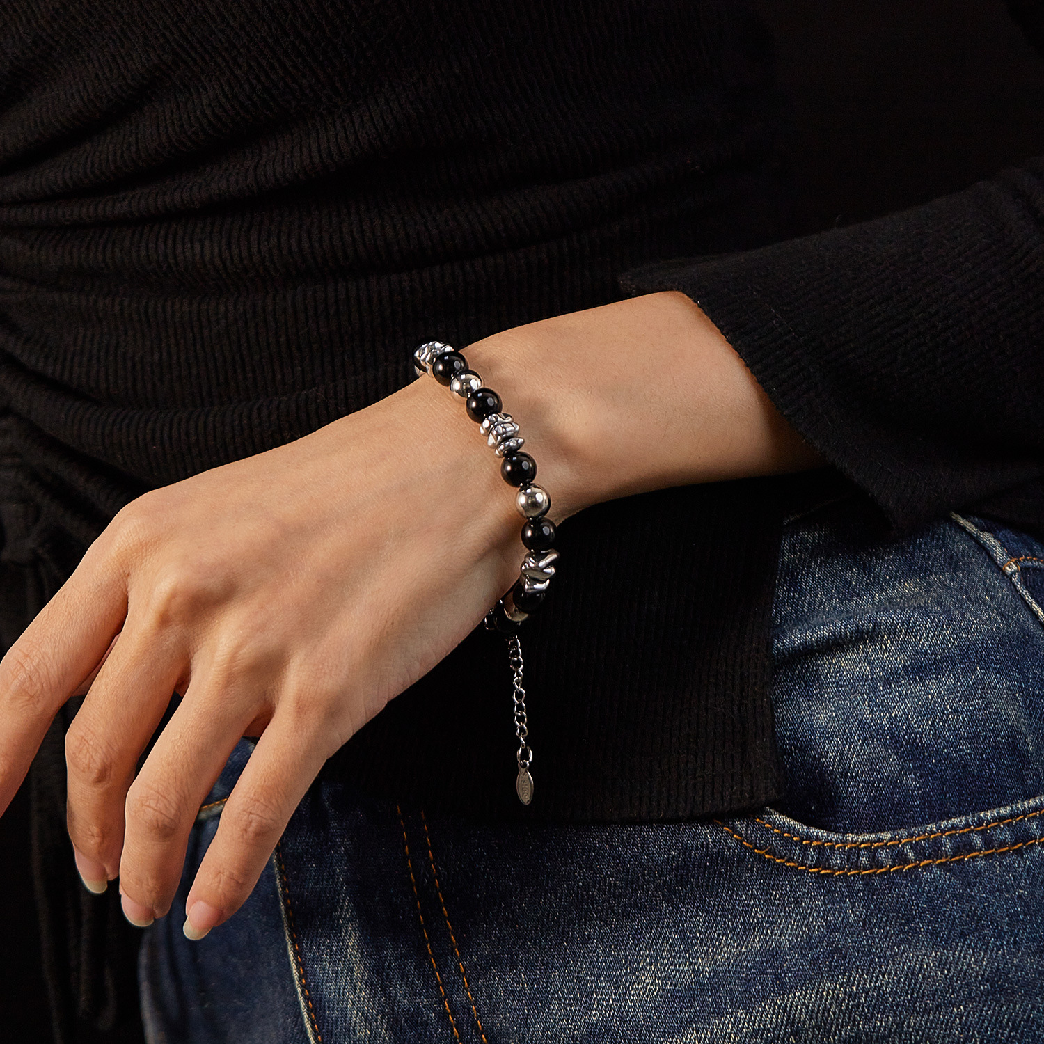 Sex Stainless Steel Jewelry Foreign Trade Fashion All-Match Black Agate Men’s and Women’s Bracelet