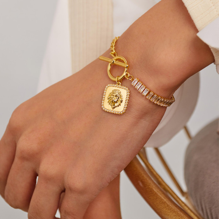 Europe and America Simple Retro Patchwork Zircon Bracelet Wholesale Square Plate OT Buckle Design Copper Bracelet for Women